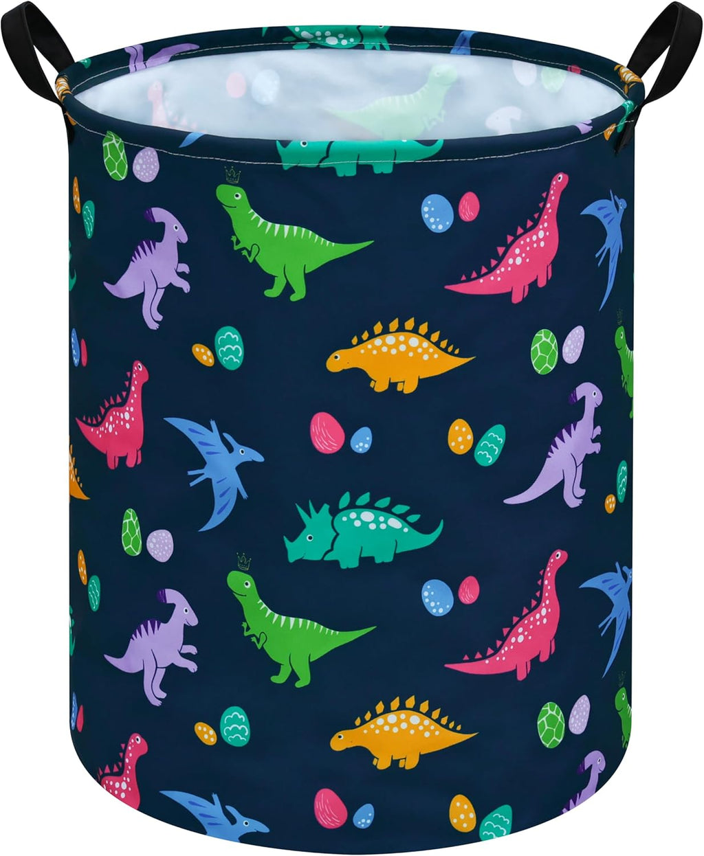 Dinosaur Laundry Basket, Round Foldable Clothes Hamper with Handles, Cotton Linen Blend Storage Bin with Dino Egg Print for Bedroom, Nursery, Playroom, College Dorm