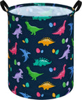 Dinosaur Laundry Basket, Round Foldable Clothes Hamper with Handles, Cotton Linen Blend Storage Bin with Dino Egg Print for Bedroom, Nursery, Playroom, College Dorm