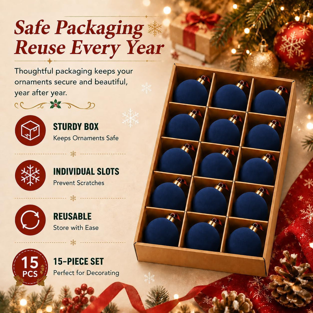 Velvet Christmas Balls Ornaments 15 Pcs, 3.15 Inch Navy Blue Flocked Xmas Tree Ball Ornaments Shatterproof, Velvet Christmas Ornaments Set Bulk for Xmas Tree Holiday Wedding Party Decor