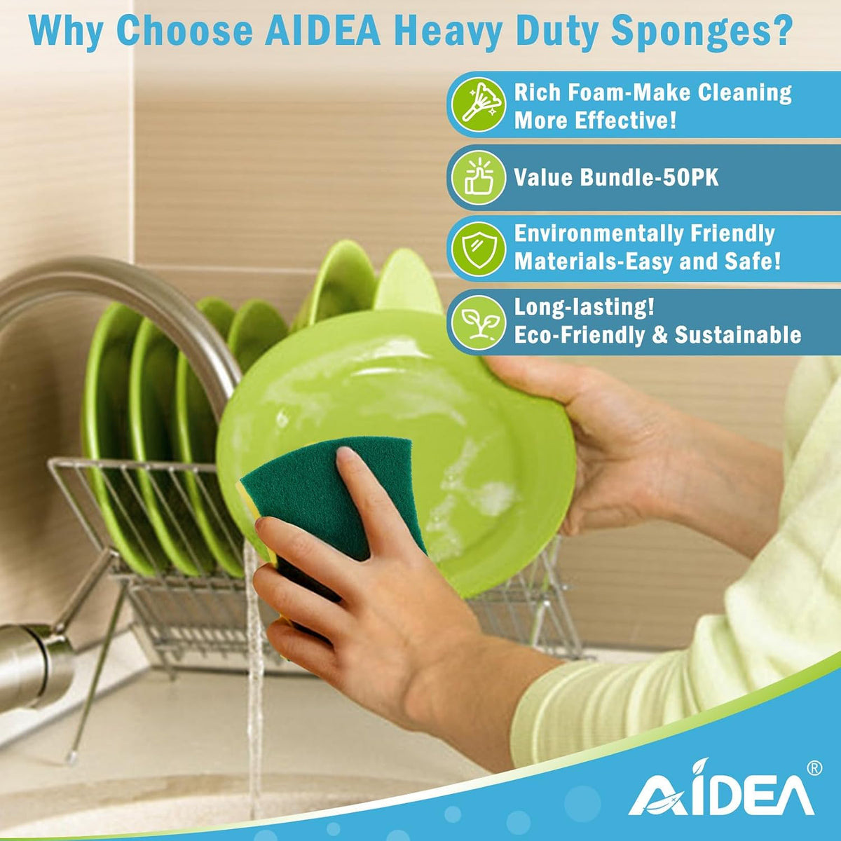 AIDEA Heavy Duty Sponges Kitchen 50PK, Dish Sponge Kitchen, Scrub Sponges