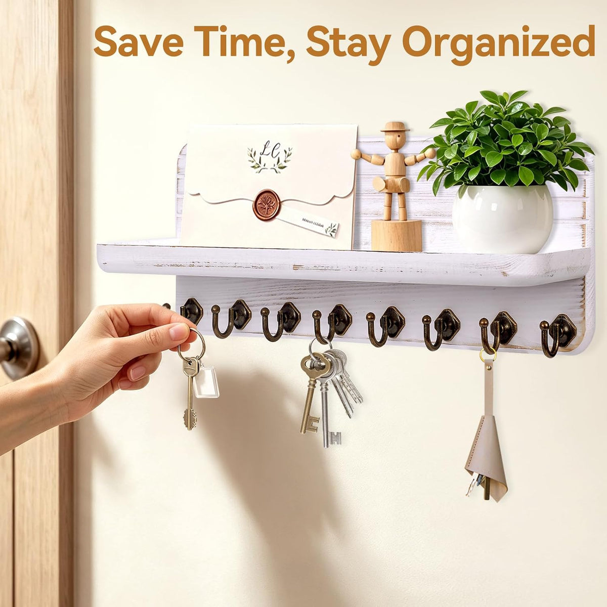 Key Holder for Wall, Mail Organizer Wall Mount with 8 Hooks Wooden Hanging Key Rack for Home Decor, Hallway, Entryway (Vintage White)