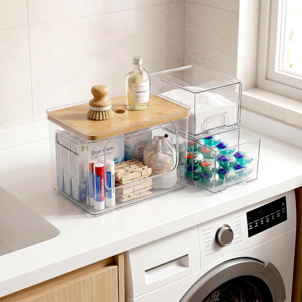 Hudgan Under Sink Organizer 3 in 1, Stackable Acrylic Bathroom Storage, Trash Bag Dispenser and Dishwasher Pods Holder for Kitchen and Laundry Room Organization