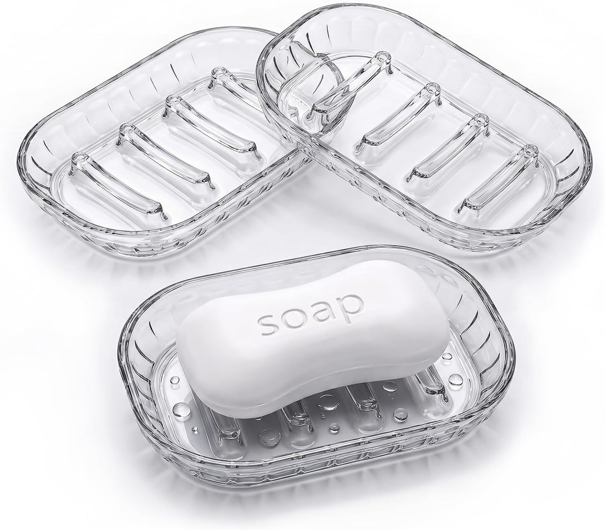 3 Pack Clear Soap Dish for Shower, Plastic Soap Holder for Bar Soap, Transparent Soap Saver Tray for Bathroom Shower, Kitchen Sink, Bathtub, Raised Ridges Soap Dish with Drainage, Minimalist Design