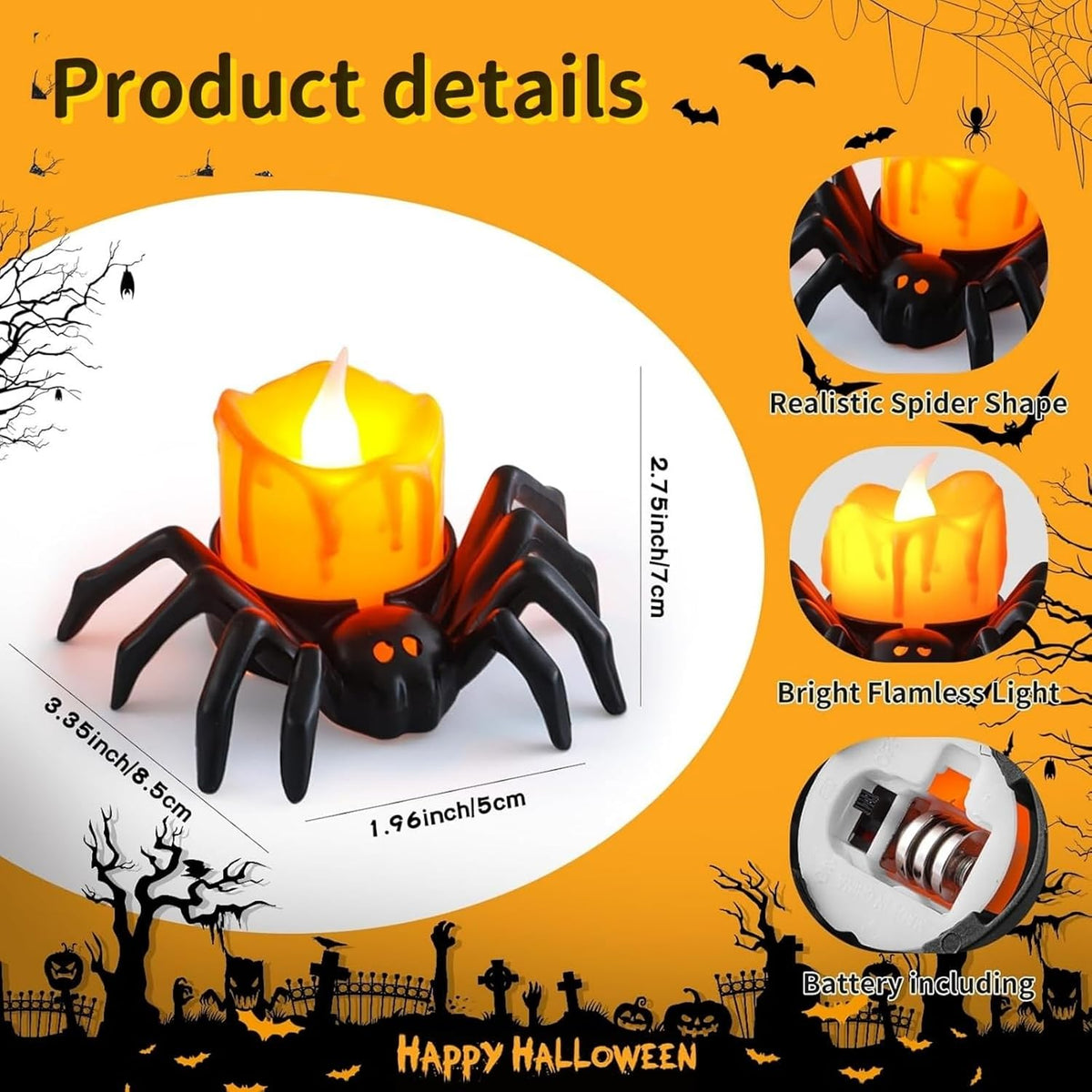 6 PCS Spider Tea Lights Flameless Candles Halloween Lights Indoor