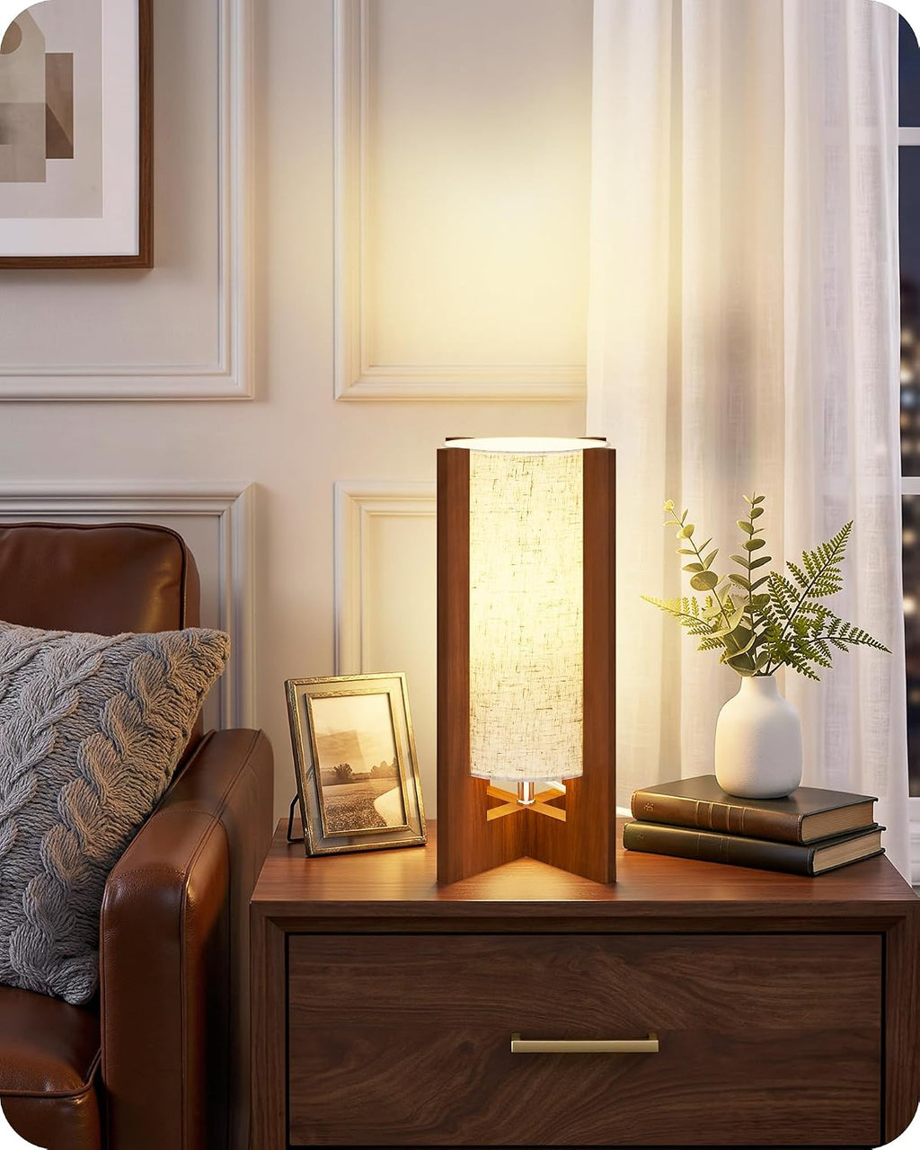 Small Bedside Lamp, 13.4" Modern Wood Table Lamp with LED Bulb