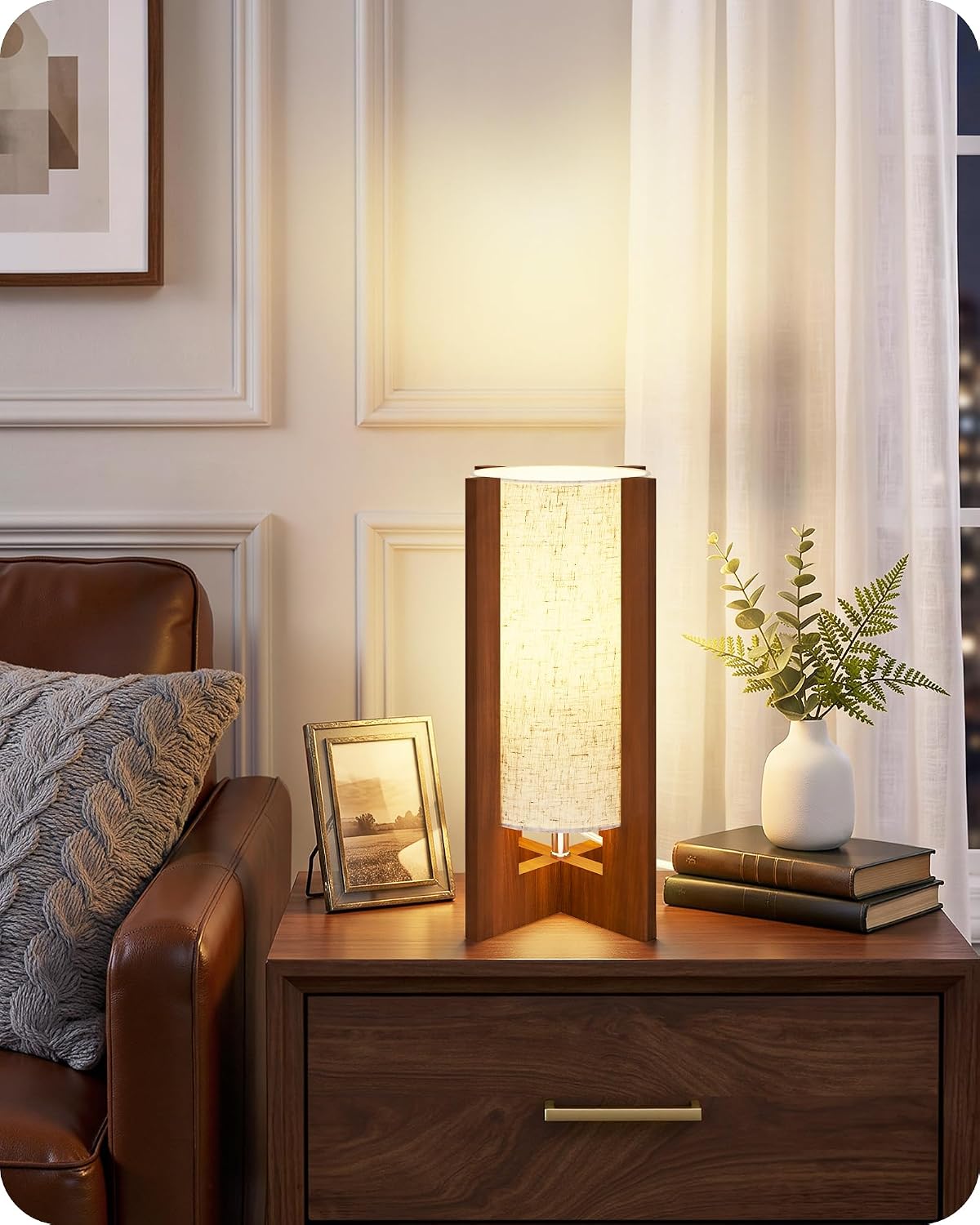 Small Bedside Lamp, 13.4" Modern Wood Table Lamp with LED Bulb