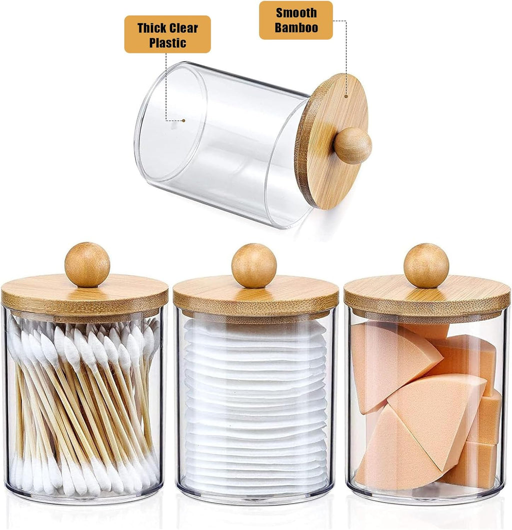 3Pack Acrylic Qtip Holder Dispenser with Wood Lids, Bathroom Organizer