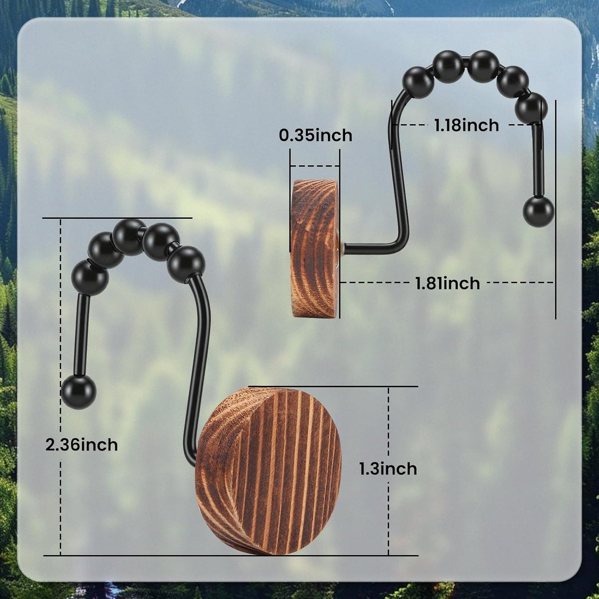 Wood Shower Curtain Hooks,Boho Shower Curtain Rings Decorative,Free Sliding Shower Hooks for Shower Curtain & Liners, Shower Curtain Hangers for Bathroom Shower Curtain Rods Curtains(Brown, 24)