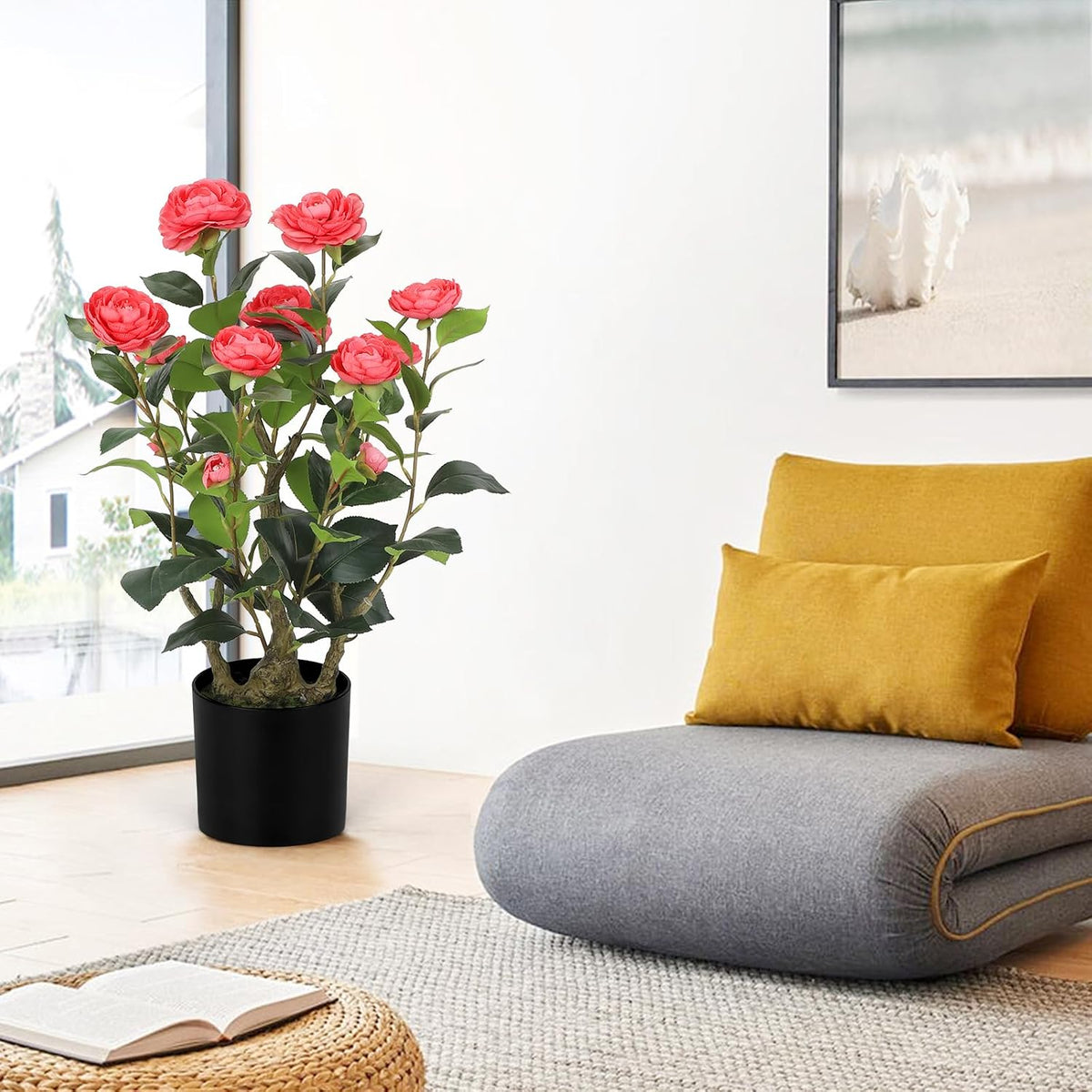 Romantic Season 2FT Pink Artificial Camellia Tree 2Pack, Faux Camellia Plant Fake Potted Camellia Flower Tree for Modern Home Office Living Room Floor Décor