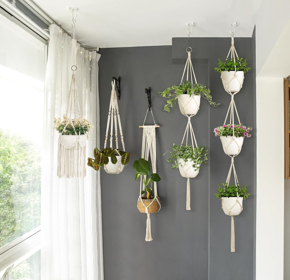 Mkono Macrame Plant Hanger 5 Pack Indoor Hanging Planters Basket with Hooks