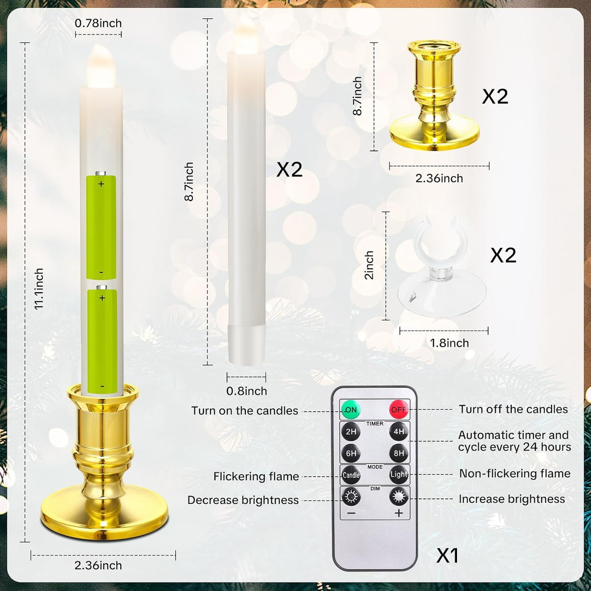 Verdenu 2 Pack Christmas Window Candles with Remote Timer