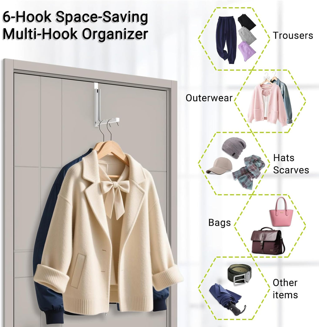 2 Pack Over The Door Hooks, 6 Hooks Foldable Door Hanger Clothes Drying Rack, Portable Space Saving Organizer for Entryway Bedroom Laundry Room Travel, White