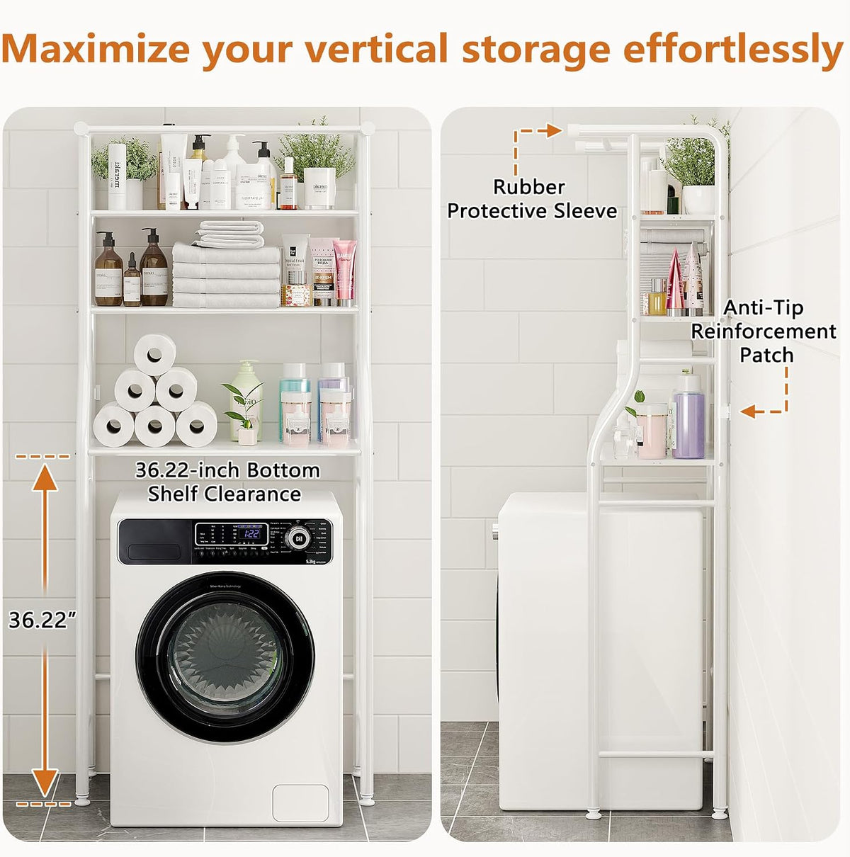 UDEAR 3-Tier Over The Toilet Rack,with Hanging Rod,Tower Shelf,White