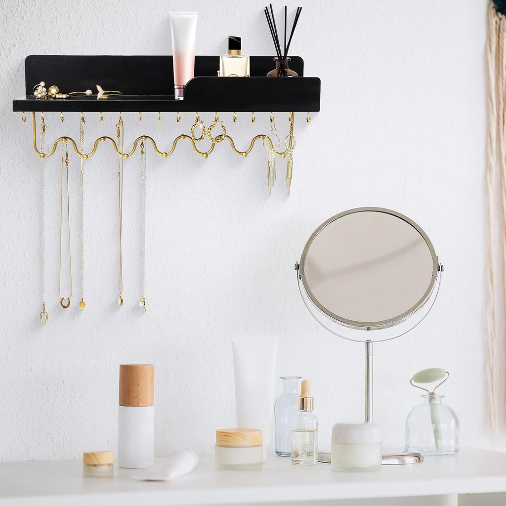 Hanging Jewelry Organizer with 29 Hooks and Cosmetics Shelf, Modern Wood Wall Mounted Jewelry Holder for Necklaces, Bracelets, Earrings and Rings, Black