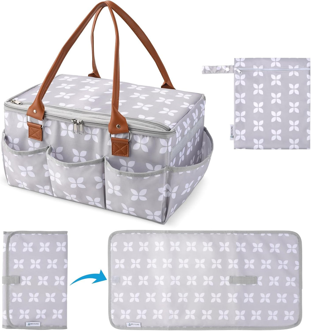 Moteph Diaper Caddy with Changing Mat, Large Baby Diaper Caddy Organizer with Lid, Portable Organizer Basket for Baby Essentials, Roll-Up Lid, Built-In Changing Mat Pocket