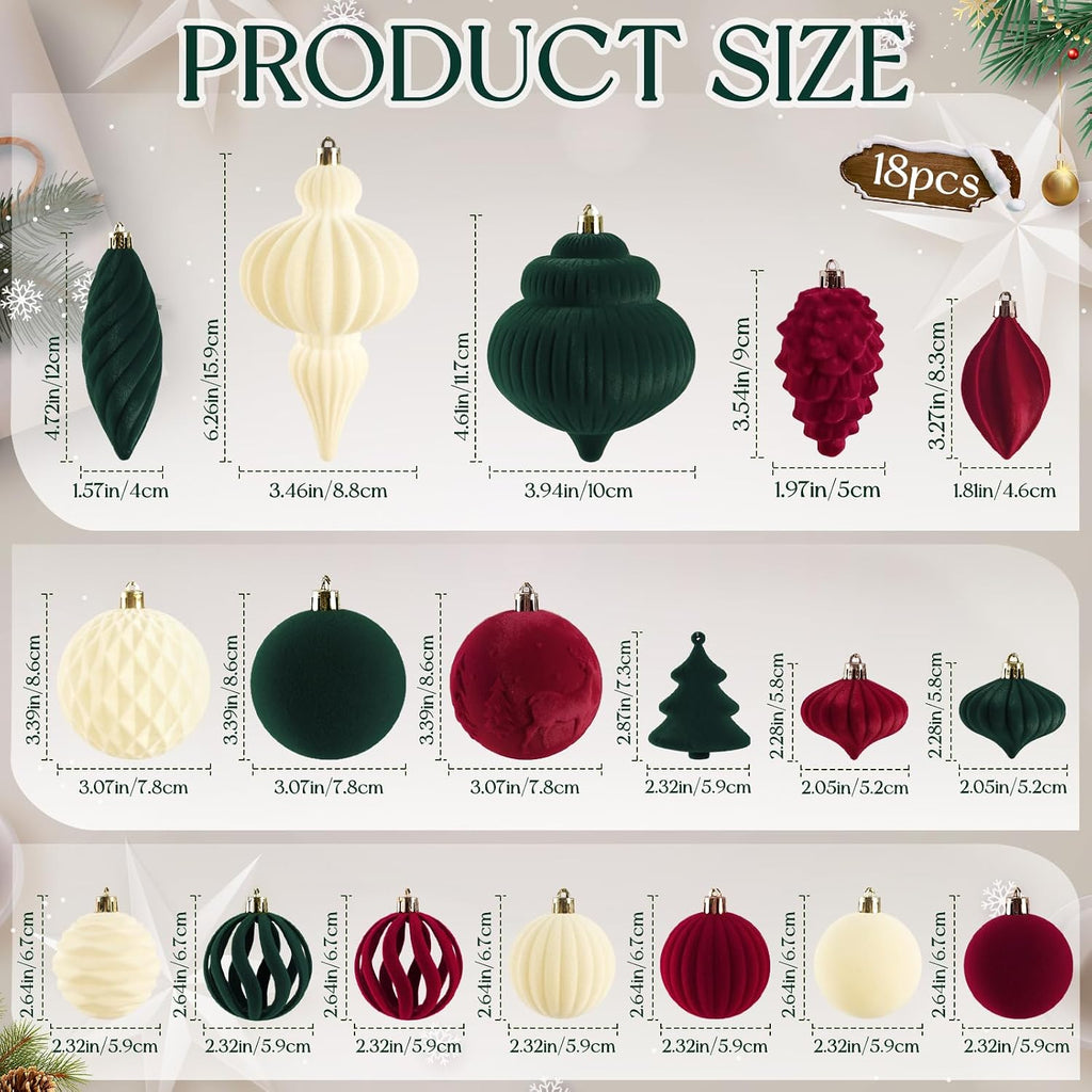 18Pcs Velvet Christmas Tree Ornaments Set, Flocked Hanging Christmas Balls Ornaments, Shatterproof Red Green White Hanging Balls Decorations Assortment for Xmas Tree Winter Holiday Home Party Decor