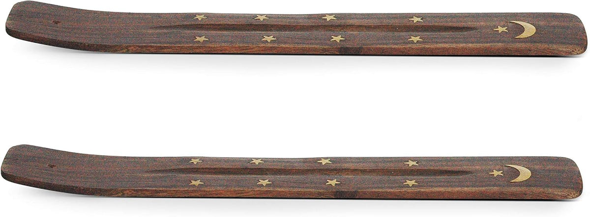 Two Pack Brass Inlay Moon and Star Handmade Wooden Incense Stick Holders, Ash-Catchers.