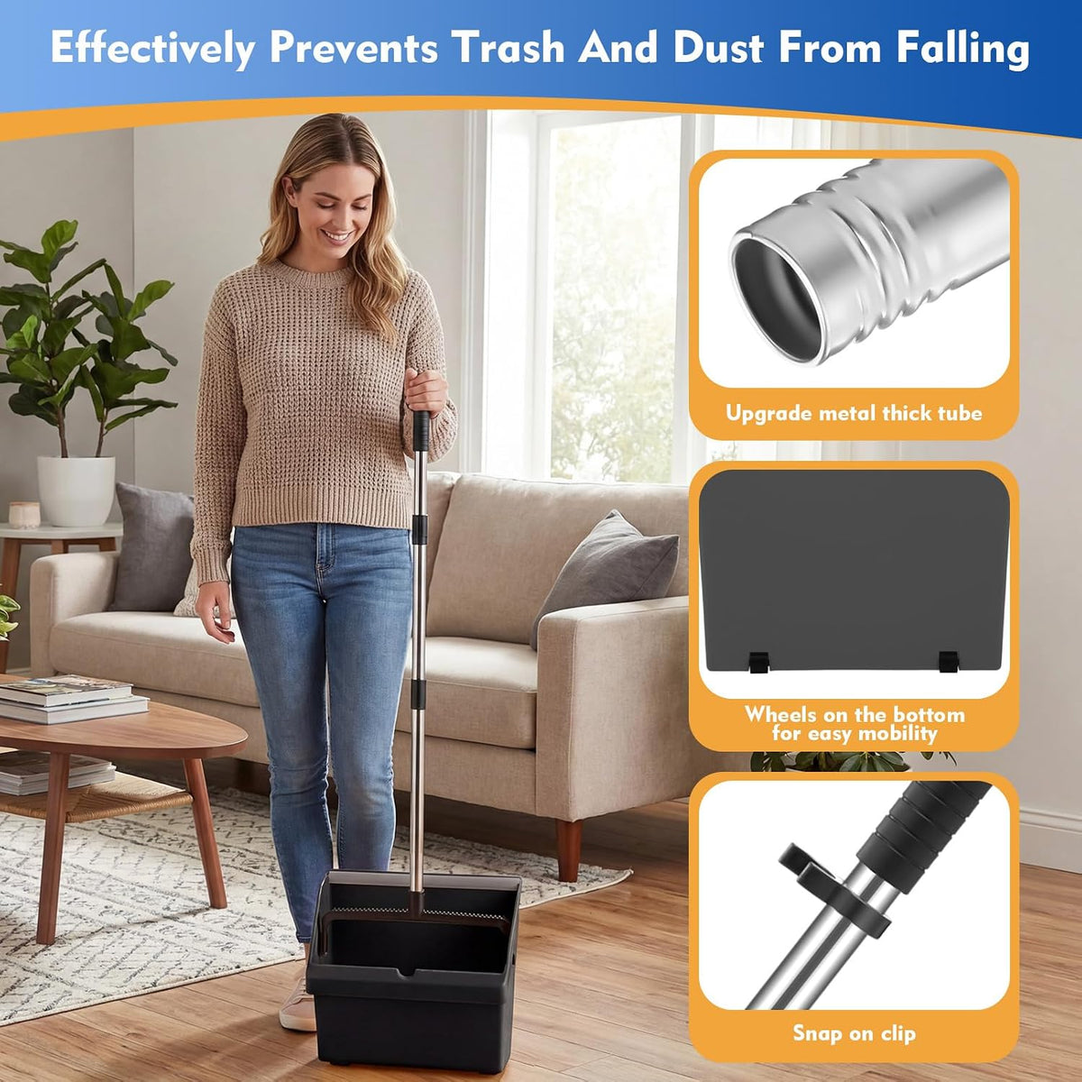 Didaey 1 Pcs Commercial Dustpan with Comb 38” Long Handle Upright Heavy Duty Dust Pan Outdoor Indoor for Courtyards Garages Lobby Mall Market Market Floors Office Pet Hair Rubbish Cleaning (Black)