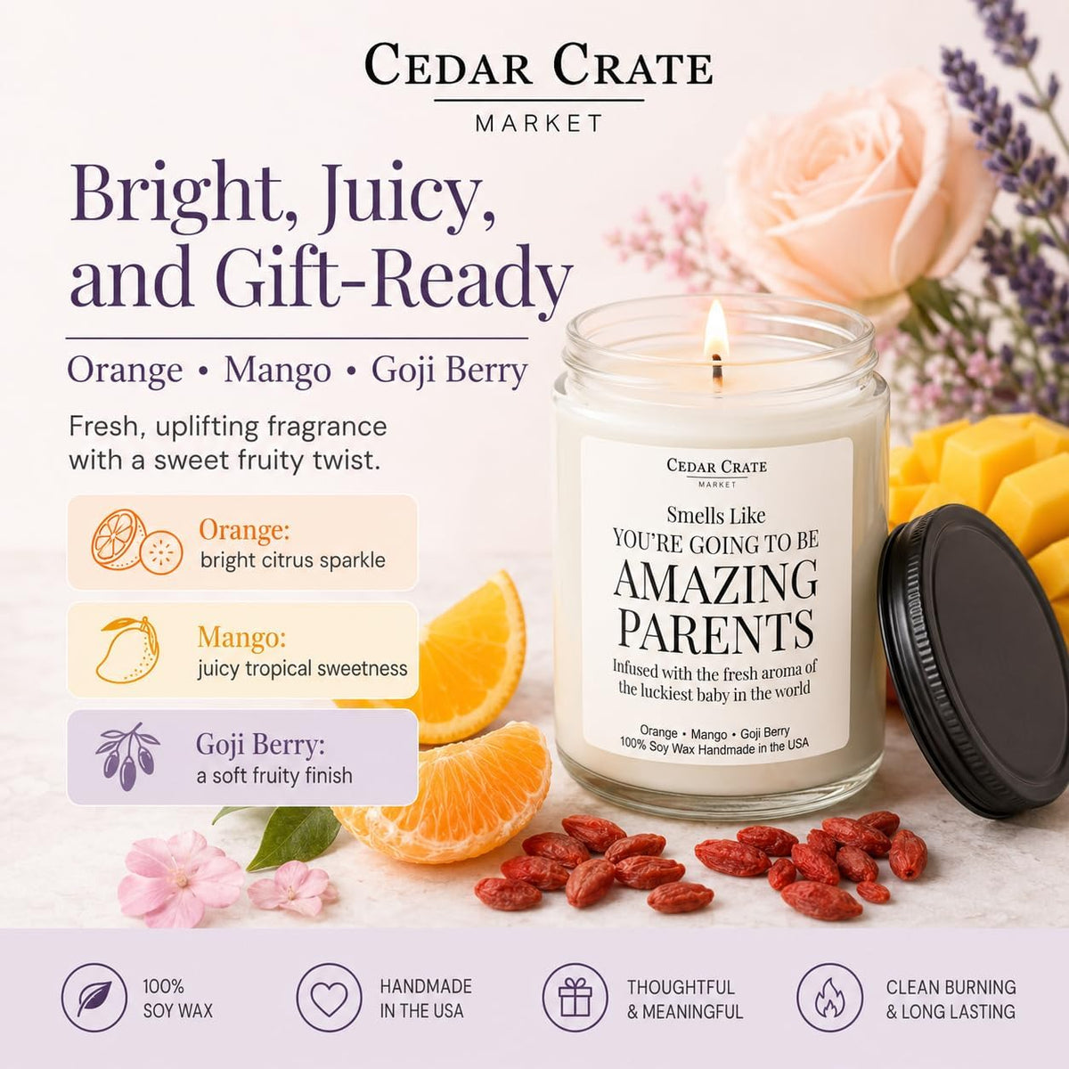 Cedar Crate Market New Parents Gifts for Couples, Baby Shower Pregnancy Gift, Gender Reveal Candle, New Mom First Time Mom Dad, Orange, Mango, Goji Berry 9oz Soy Wax, Made in USA, 45+ Hour Burn