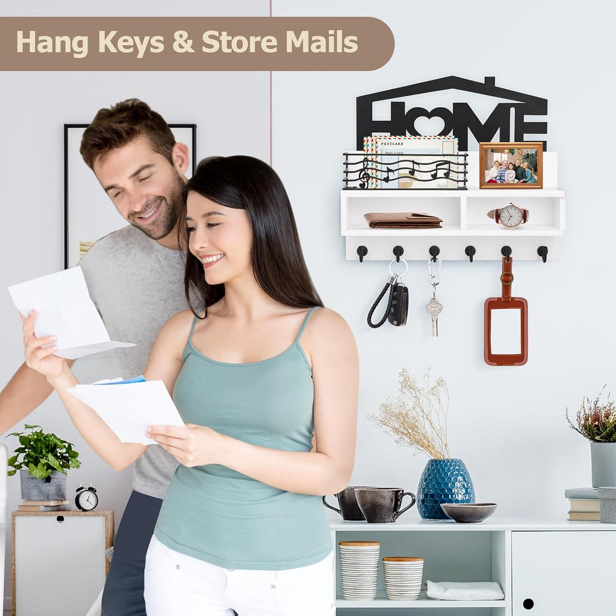 VIS'V Key Holder Wall Mount, Decorative Wood Mail and Key Organizer, White
