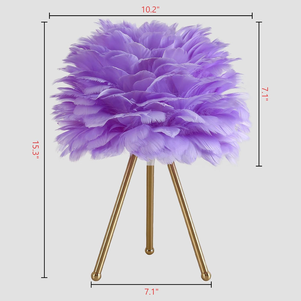 Capslpad Feather Tripod Table Lamp 15.3" Purple Modern Small Bedside Desk Lamp with Gold Finish Nightstand Lamp for Living Room Nursery Bedroom Kids Girls Room Decor