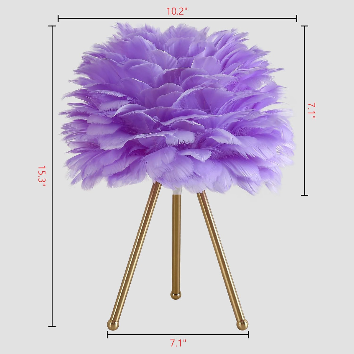 Capslpad Feather Tripod Table Lamp 15.3" Purple Modern Small Bedside Desk Lamp with Gold Finish Nightstand Lamp for Living Room Nursery Bedroom Kids Girls Room Decor