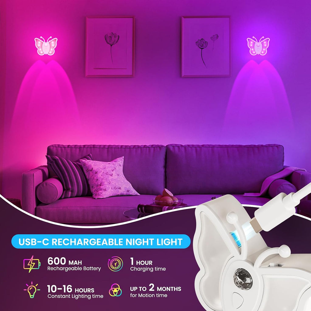 LOFTEK Motion Night Light, Rechargeable & Magnetic Butterfly Light, Pink,4P