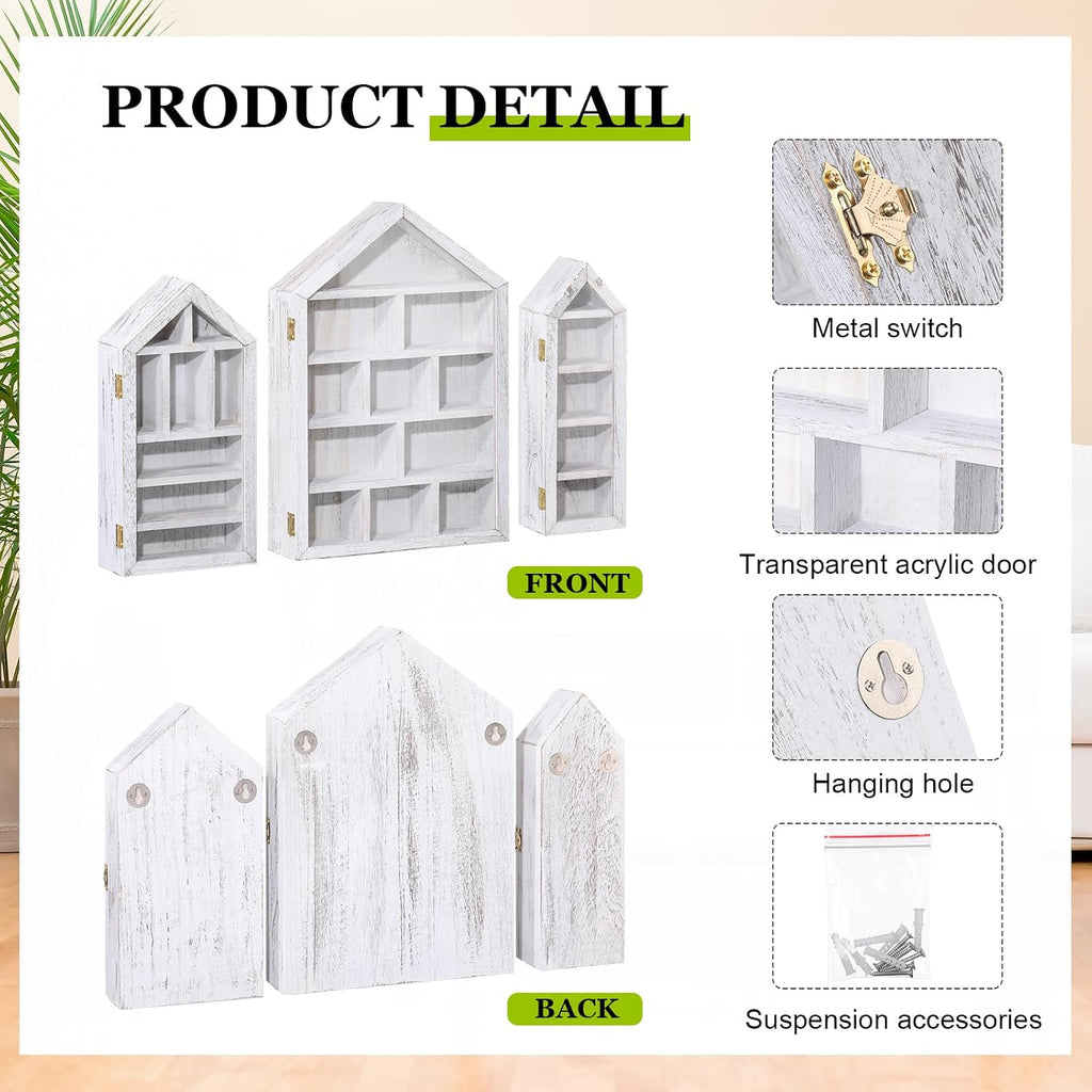 DoubleFill 3 Pcs Trinket Shelf Shadow Box, Antique White, House Shape