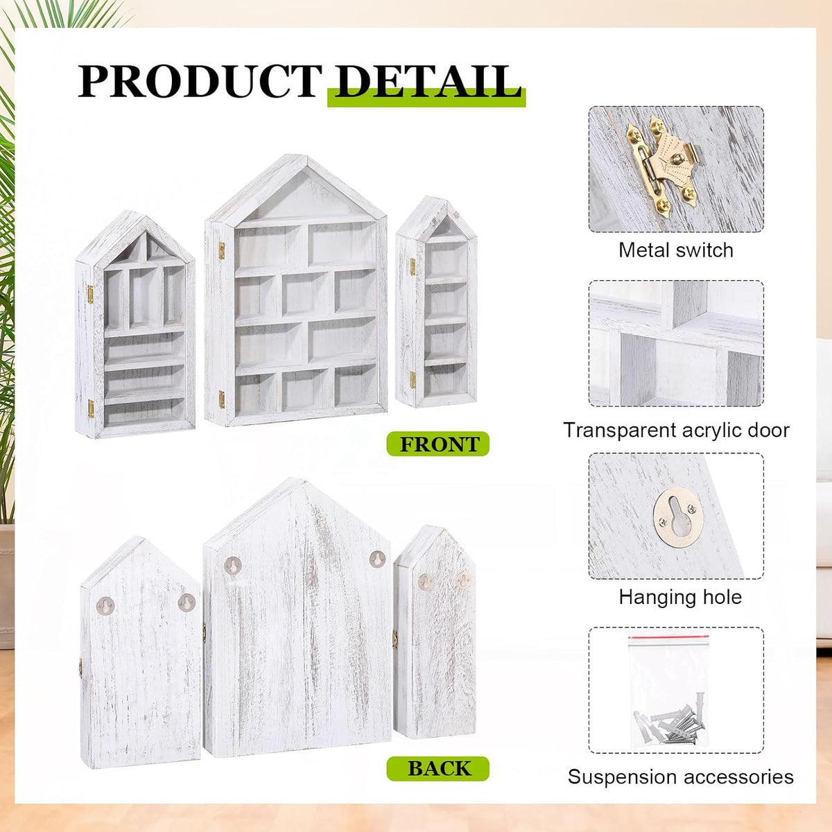 DoubleFill 3 Pcs Trinket Shelf Shadow Box, Antique White, House Shape