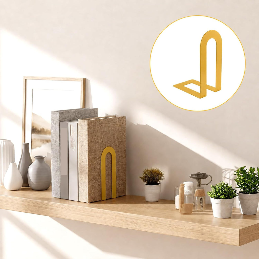 6 Pcs Modern Metal Bookends for Shelves, 5.5 x 3.75 x 2.25inch, Gold