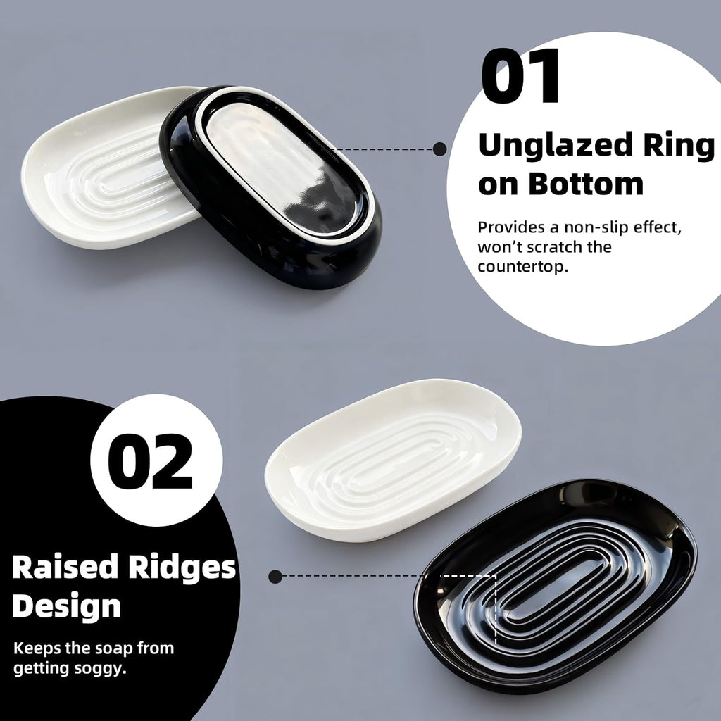 Ceramic Soap Dish for Bath Sink- Modern Black Bar Soap Holder for Shower - Easy to Clean Multi-Purpose Oval Soap Dishes for Soap Bar, Sponges, Jewelry, Small Items | Fits Bathroom & Kitchen