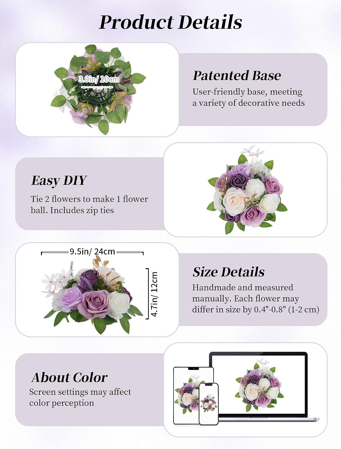BLOSMON Artificial Flowers Ball Wedding Centerpieces 10 Pcs Lilac Rose Artificial Flower Center Pieces Decoration for Table Silk Kissing Ball Faux Floral Bouquet Arrangements for Home Party DIY Decor