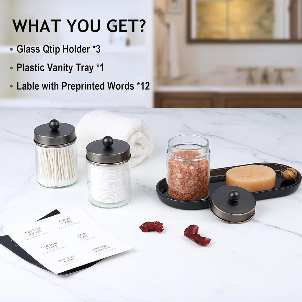 SheeChung 3 Pack Glass Apothecary Jars with Acrylic Vanity Tray