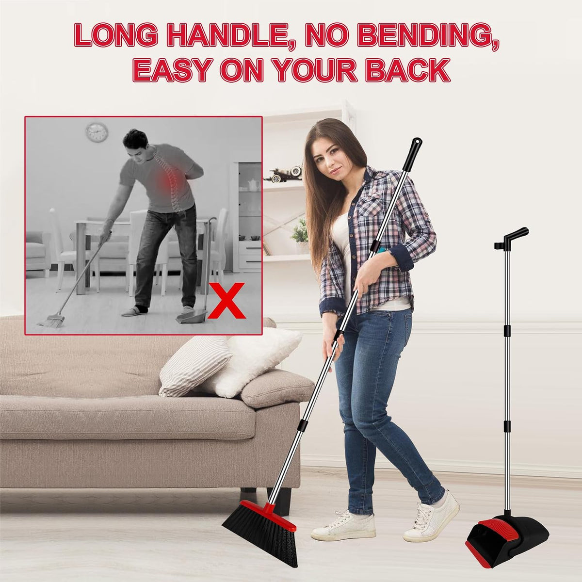 Broom and Dustpan Combo Set, 51" Long Handle with Silicone Squeegee