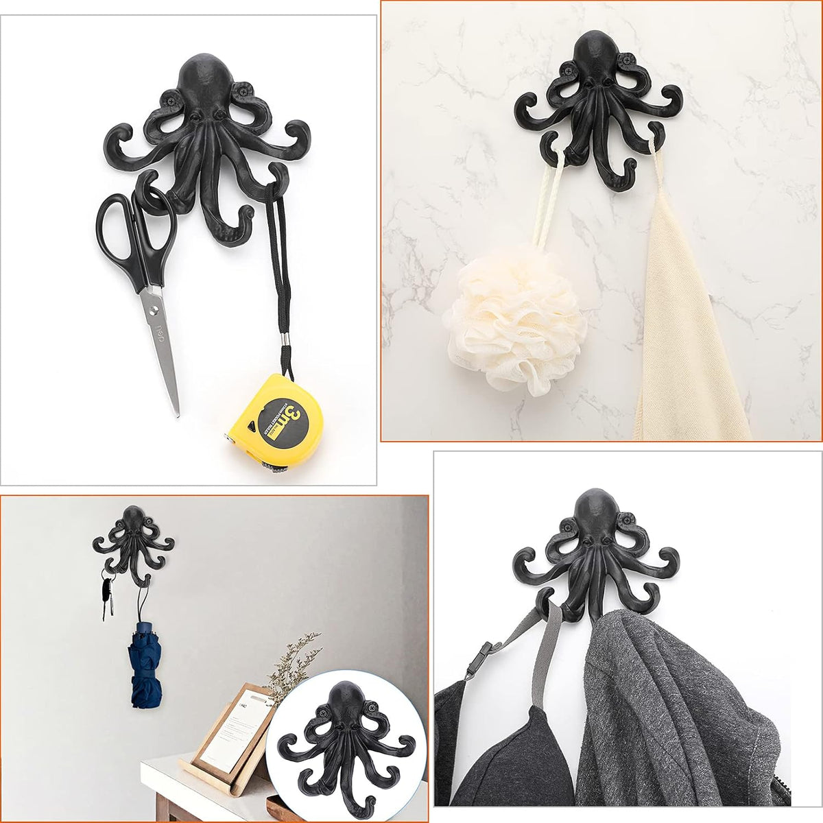 Sumnacon 6 Inch Cast Iron Octopus Coat Hook - Rustic Metal Wall Rack for Key Towel Bag, Hat Scarf with Screws, Decorative Duty Clothing Hanger for Bedroom Bathroom Kitchen Balcony Entry Door, Black