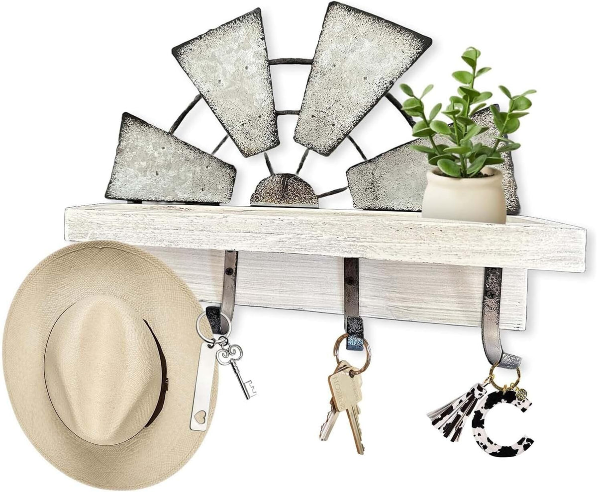 Windmill Key Holder Wall Mount, Decorative Wall Mounted Key and Mail Rack with Shelf, Farmhouse Wall Decor, 4 Rustic Hooks for Coats & Keys, White Western Key Holder.