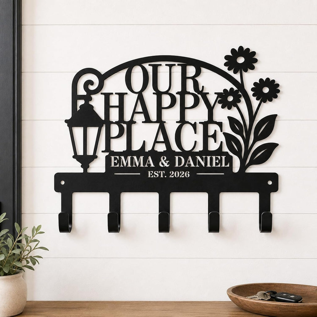Personalized Happy Place Key Holder Custom Family Name Metal Wall Key Hooks