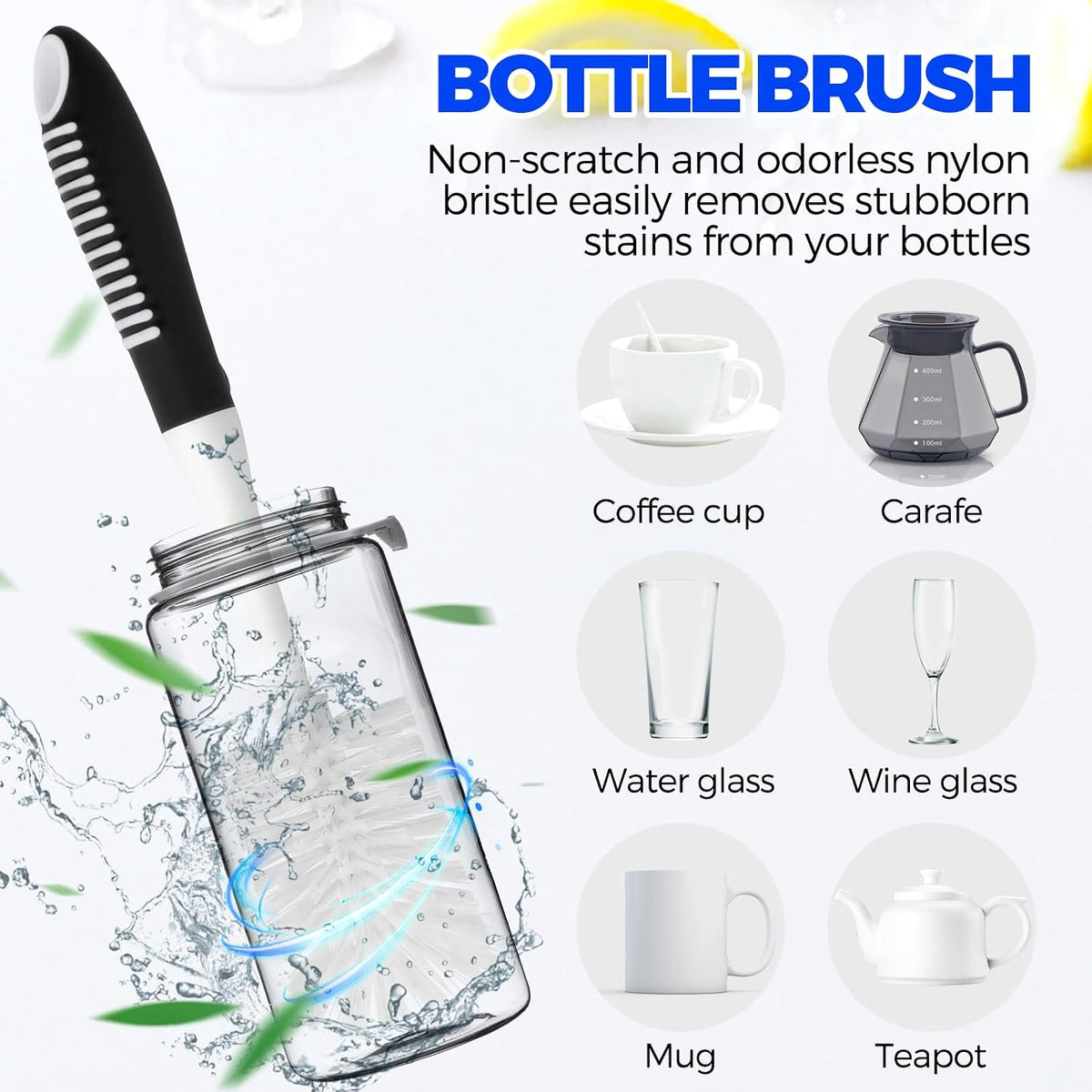 Holikme 6 Pack Dish Brush Set with Bottle Brush, Dish Scrub Brush,Black