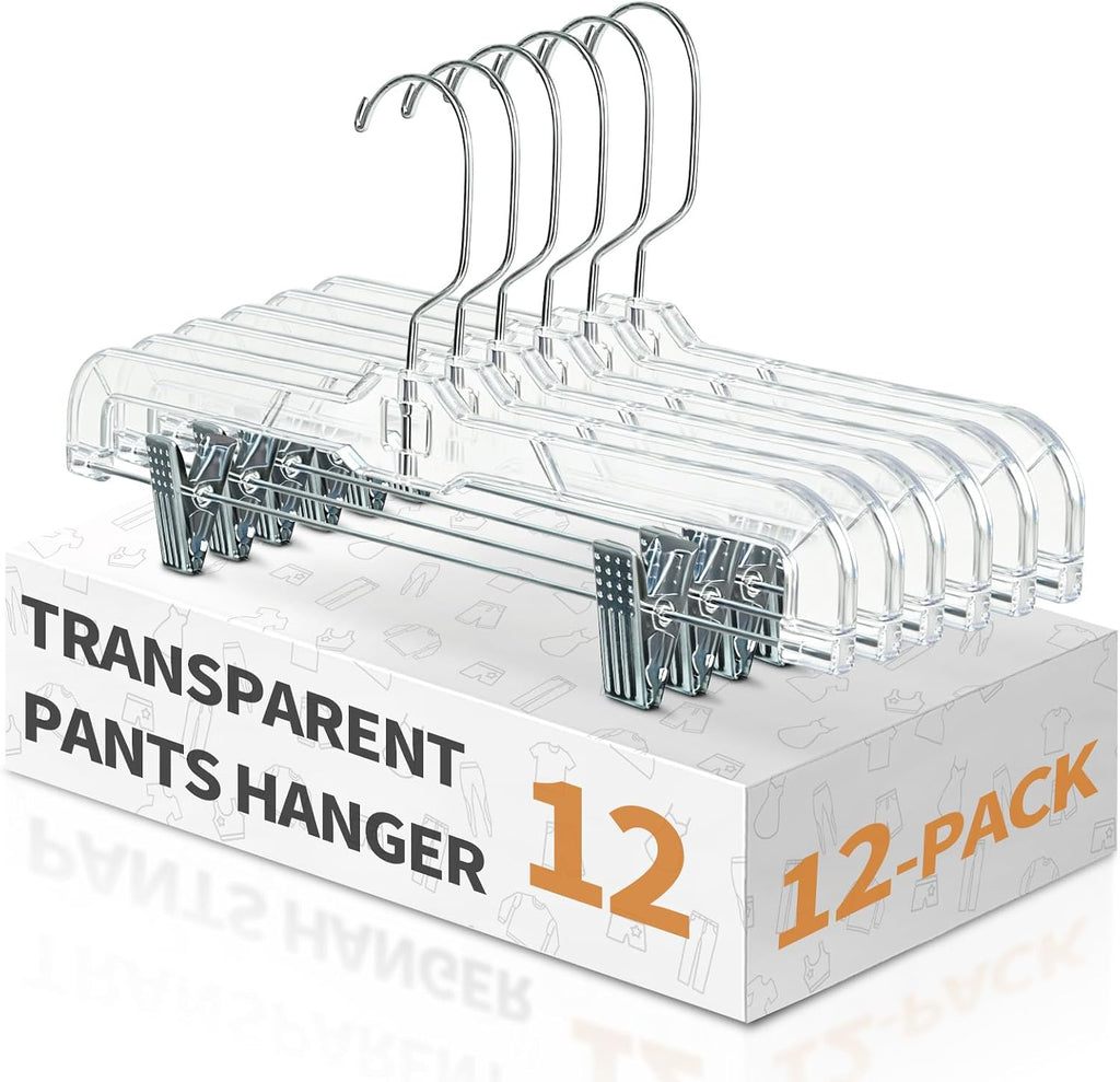 12 Pack Clear Plastic Skirt Hangers, Pants Hangers with Clips