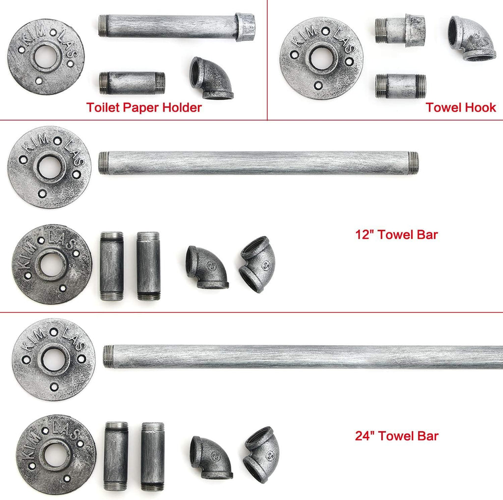 HouseAid 4-Pieces Industrial Pipe Towel Holder Set, Rustic Steel Towel Rack Kit, Farmhouse Vintage Style Towel Bar Accessories for Bathroom, Wall Mounted, Antique Silver