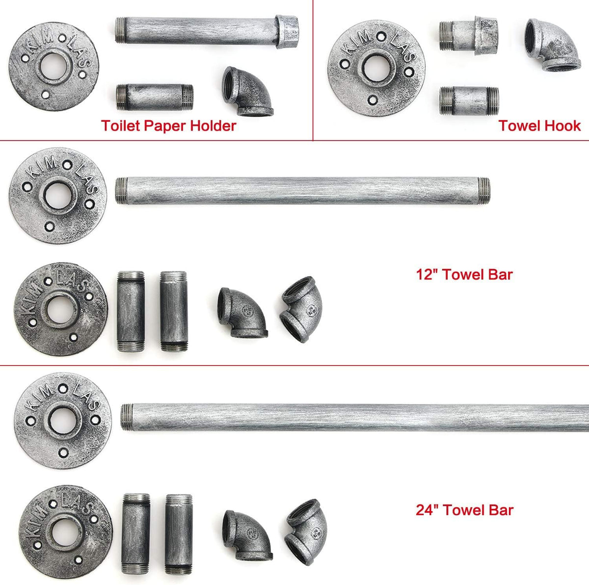 HouseAid 4-Pieces Industrial Pipe Towel Holder Set, Rustic Steel Towel Rack Kit, Farmhouse Vintage Style Towel Bar Accessories for Bathroom, Wall Mounted, Antique Silver