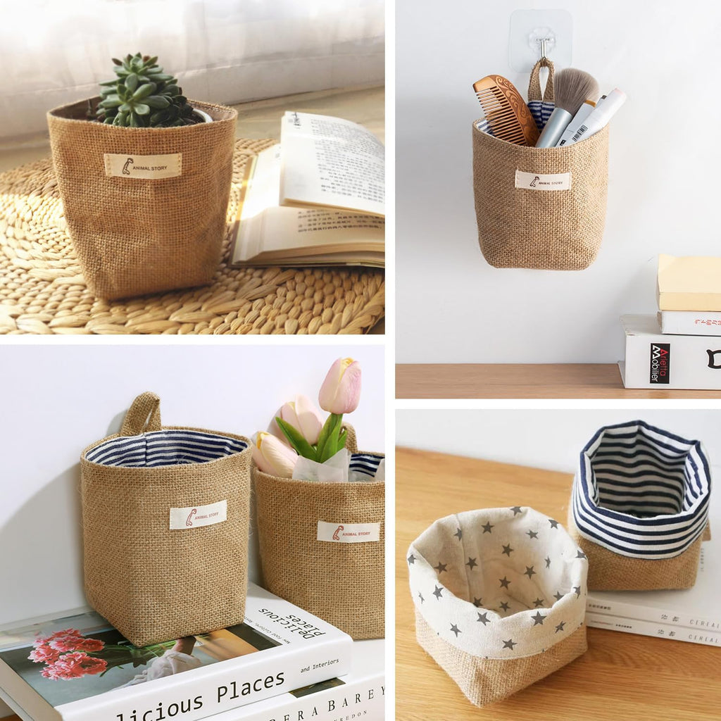 3 PCS Mini Hanging Storage Bag Cotton Linen Small Storage Basket Wall Hanging Storage Pouch Foldable Storage Box Family Organizer Decorative Bag for Key Sunglasses Snack Wallet on Door Closet Desktop
