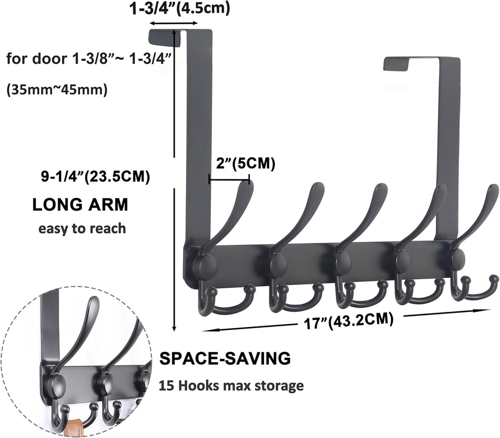 Dseap Over The Door Hook Hanger - Fits 1 3/8" to 1 3/4" Standard Doors | 5 Tri Hooks Heavy Duty Towel/Coat Rack | Door Organizer for Clothes, Jackets, Hats, Towels, Black