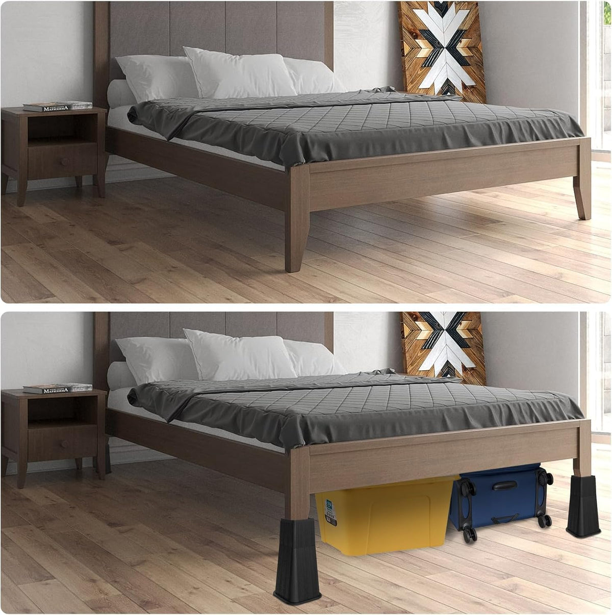 MYMULIKE Bed Risers 14 Inch Heavy Duty, Stackable Furniture Risers Lifts 10inch 4inch, 14inch for Table, Desk Leg, Sofa, Couch, Supports Up to 6,000 Lbs, Black, 4 Pack