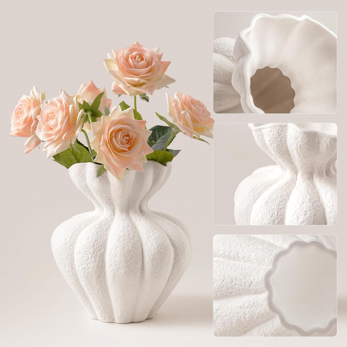 White Ceramic Vase, 6.8 Inch Modern Boho White Flower Vase for Home Decor, Unique Vase for Farmhouse Living Room Cabinet Table Centerpieces Wedding Decorations