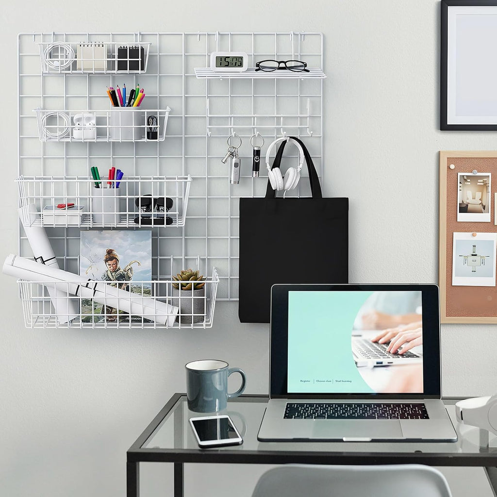 Yaocom 9 Pcs Grid Wall Shelves Gridwall Panel Accessories, White