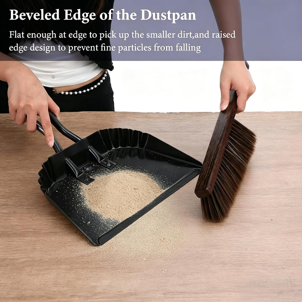 4Pcs Dust Pan and Brush Set, Heavy Duty Metal Dustpan with Wood Broom, Large 12In Black Iron Dust Pans, Handheld Broom for Pet Hair, Car, Patio, Office, Home Cleaning - Rubber Coated Handle