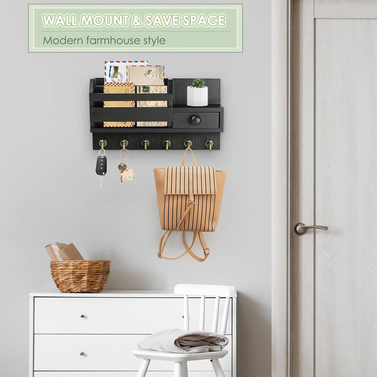 VIS'V Key Holder Wall Mount, Wooden Mail and Key Organizer, Black
