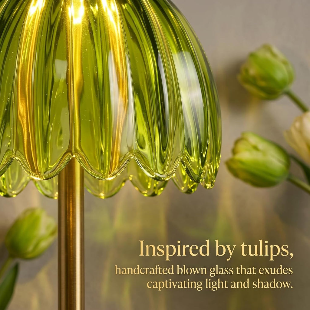 Glass Tulip Rechargeable Table Lamp, Cordless Flower Table Light -Green