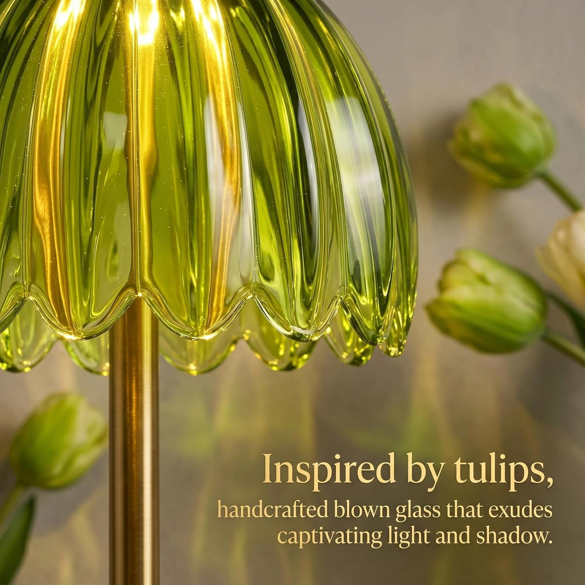 Glass Tulip Rechargeable Table Lamp, Cordless Flower Table Light -Green